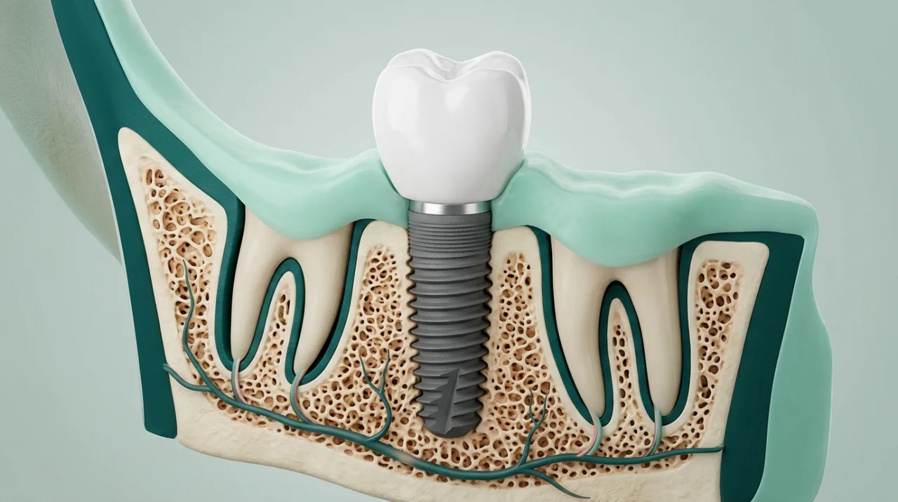 Secțiune prin maxilar cu un implant dentar din titan ancorat în os, ilustrând stabilitatea primară